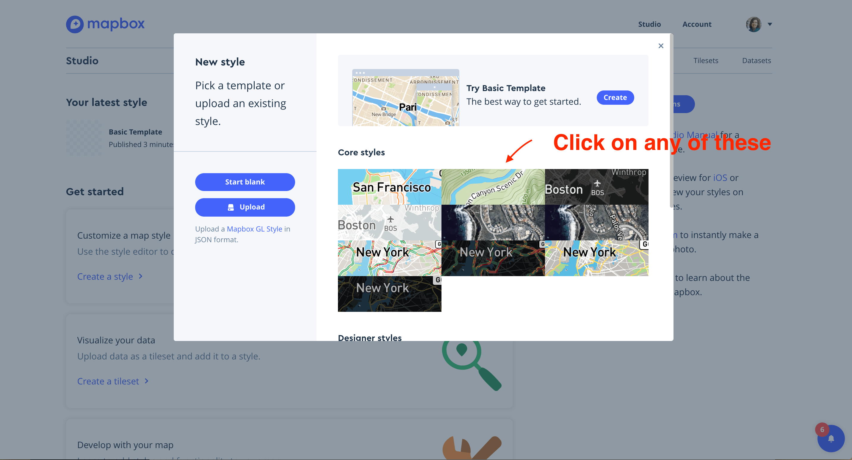 mapbox tutorial pic that shows how to select a map style