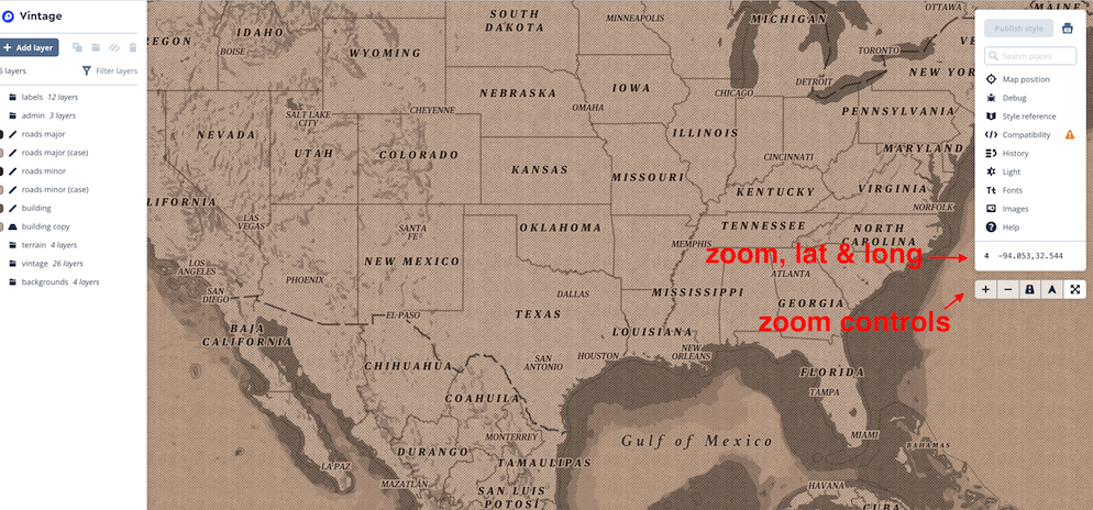 a stylized map of the united states with popups to center the map based on latitude and longitude