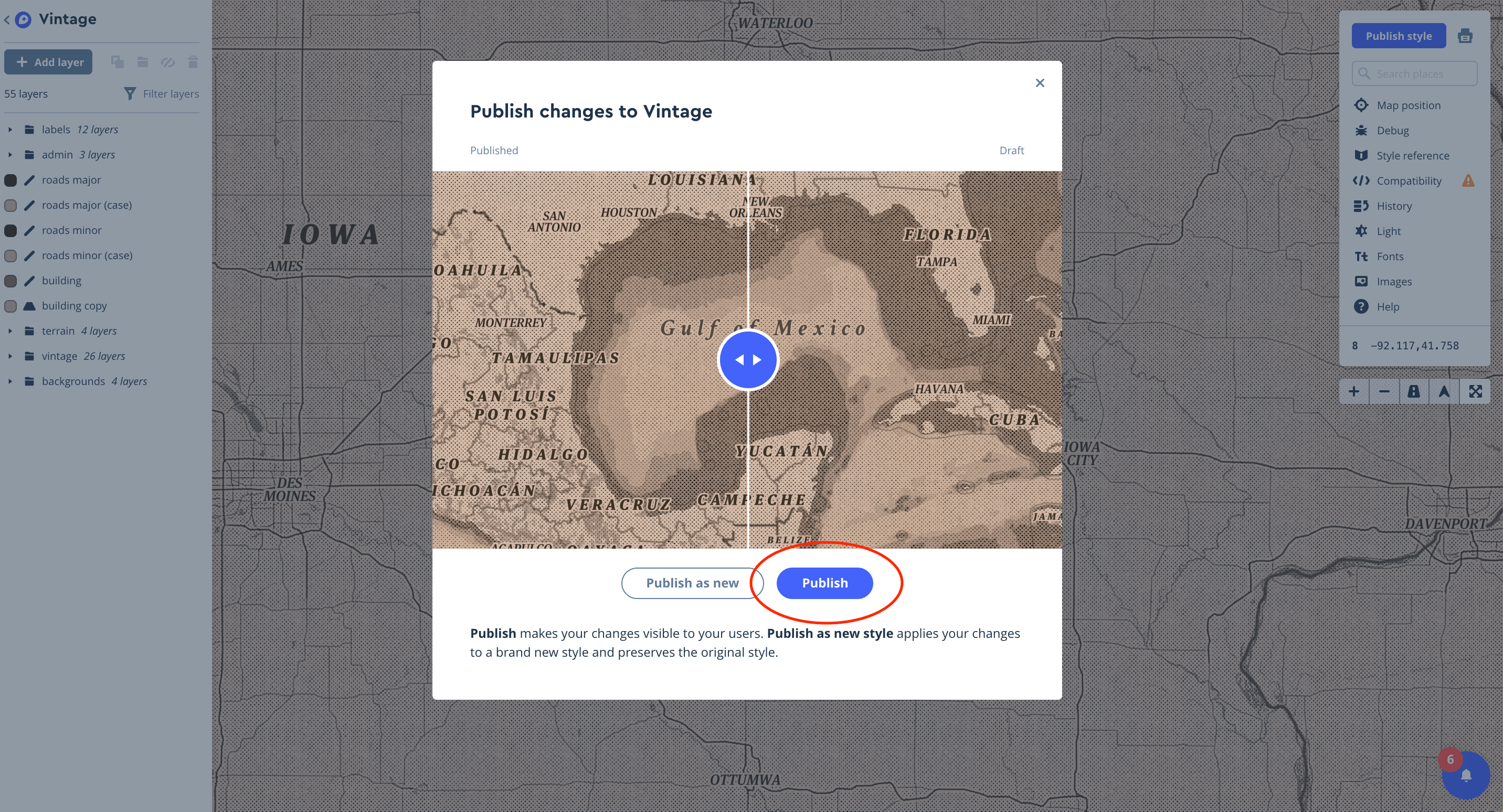 mapbox popup that asks whether to publish this style